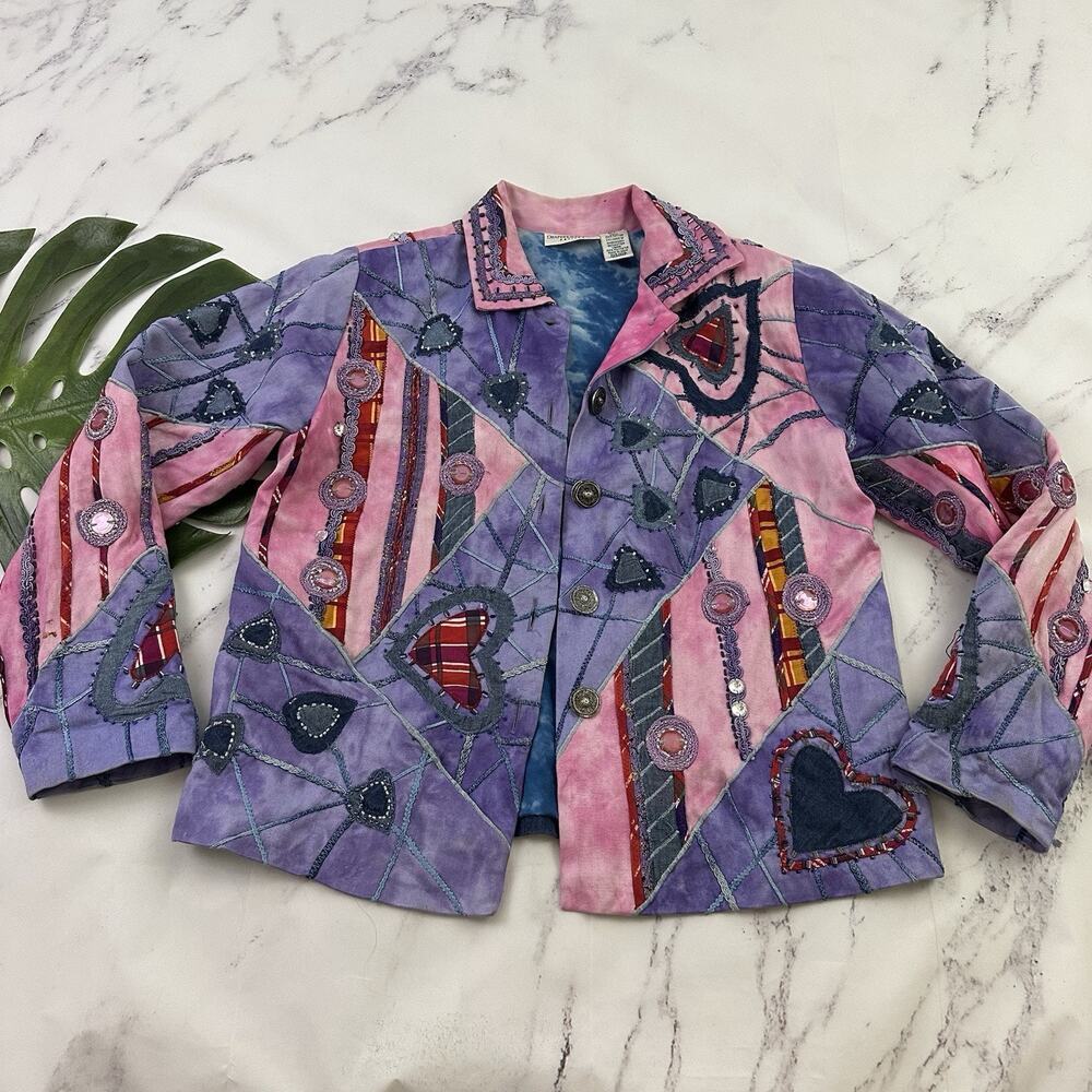 Drapers Damons Womens Vintage 90s Embellished Jacket Size L P Pink Hearts Beaded